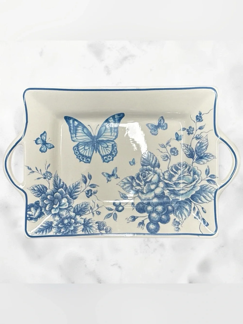 Vintage Maxcera Blue Butterfly & Floral Ceramic Serving Tray with Handles